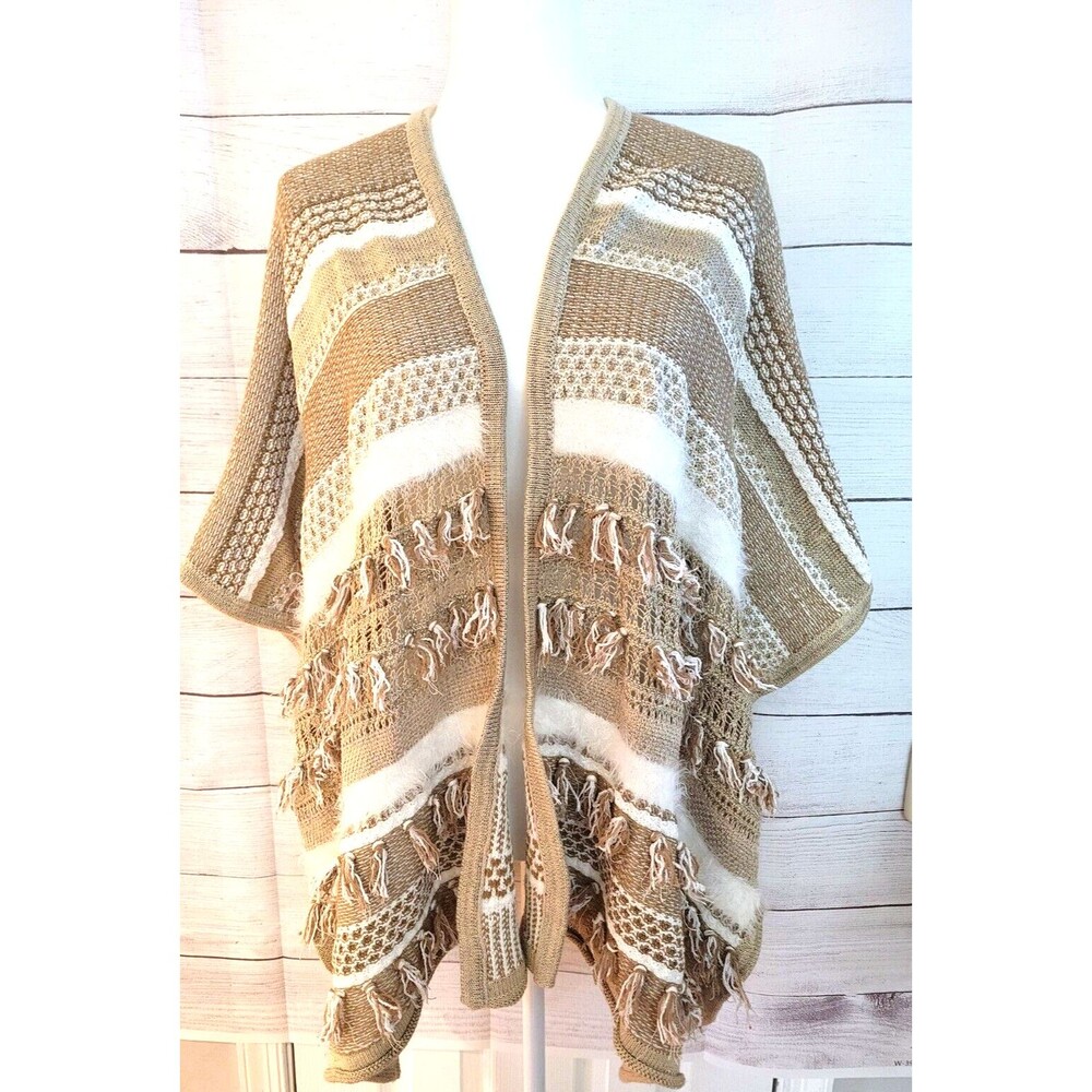 CHICO'S One Size Open Crochet Poncho With Fringe Neutral BOHO Bohemian Natural